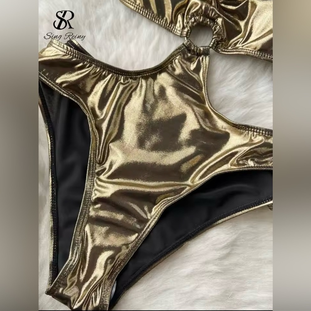 Sexy Gold 2-Piece Bikini – Asymmetrical Push-Up Top with Hip Beach Skirt - Picture 8 of 10